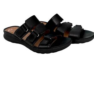 Clarks Women's Un Adorn Lane Black Sandals Size 7 Three Strap Comfort Slides